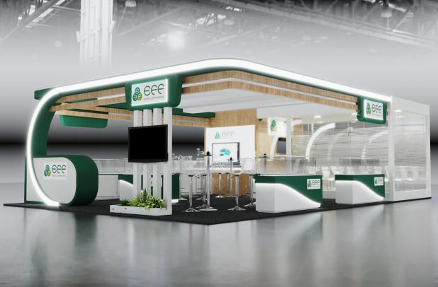 Estande verde e branco com balcão curvo